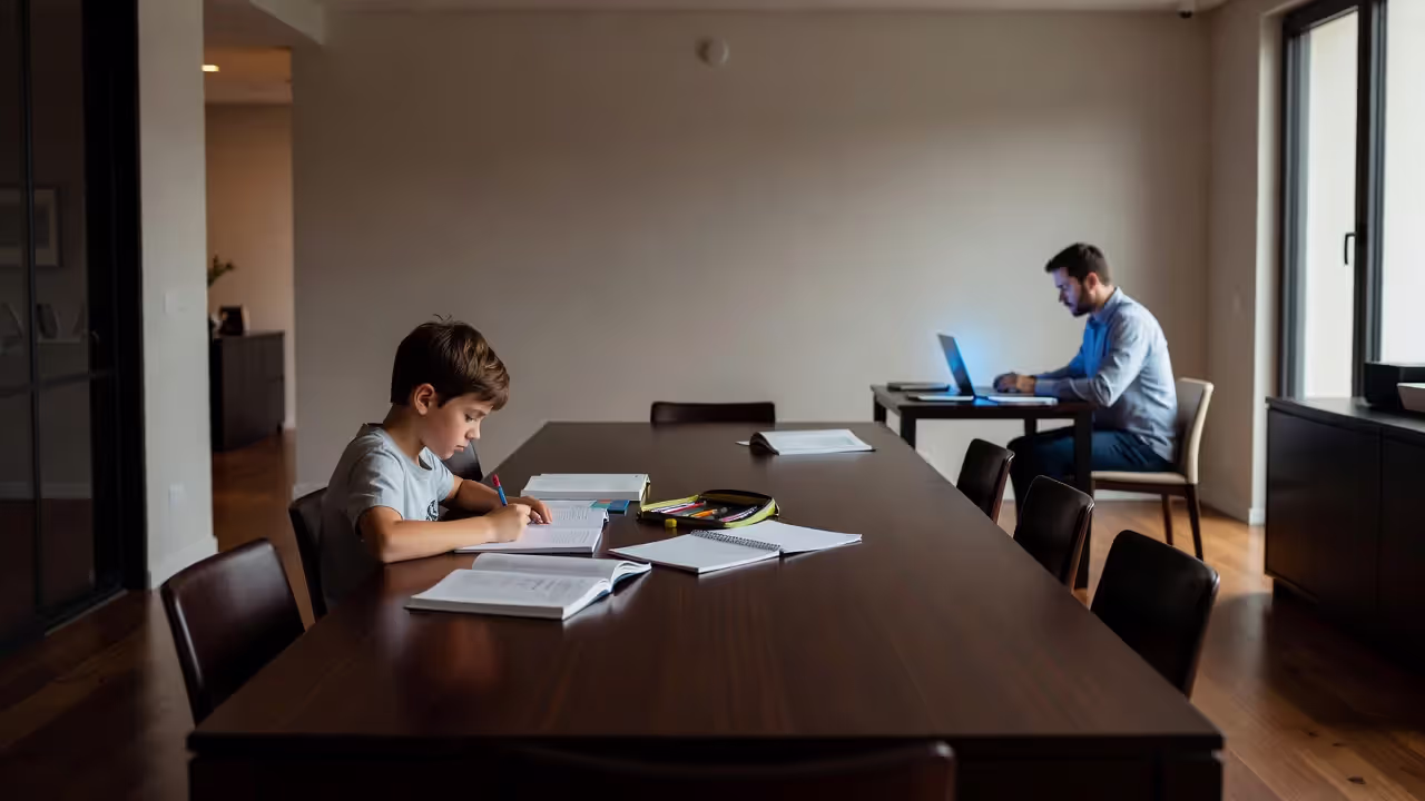 Child studying alone while parent works nearby, illustrating emotional unavailability in families