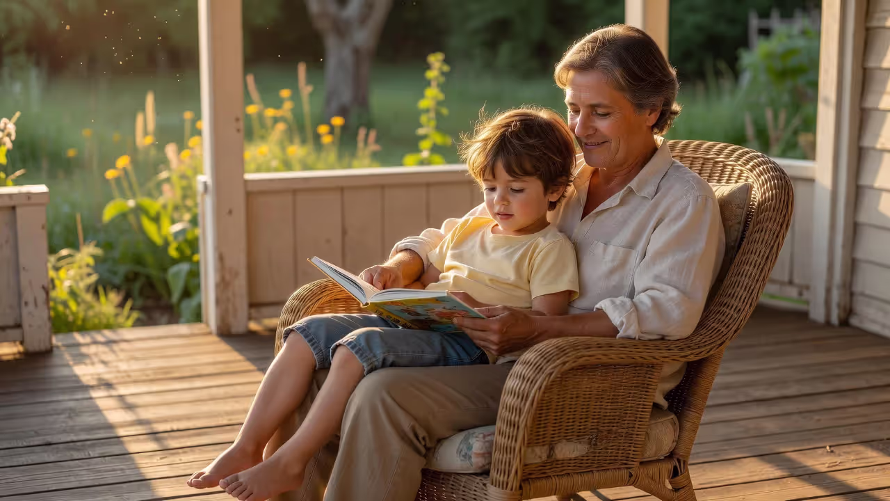 Parent and child sharing a quiet moment on a porch
