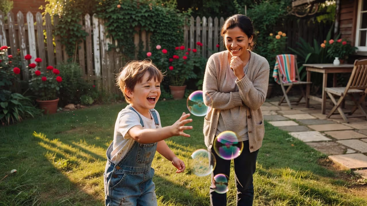 Child laughing in backyard while parent watches warmly