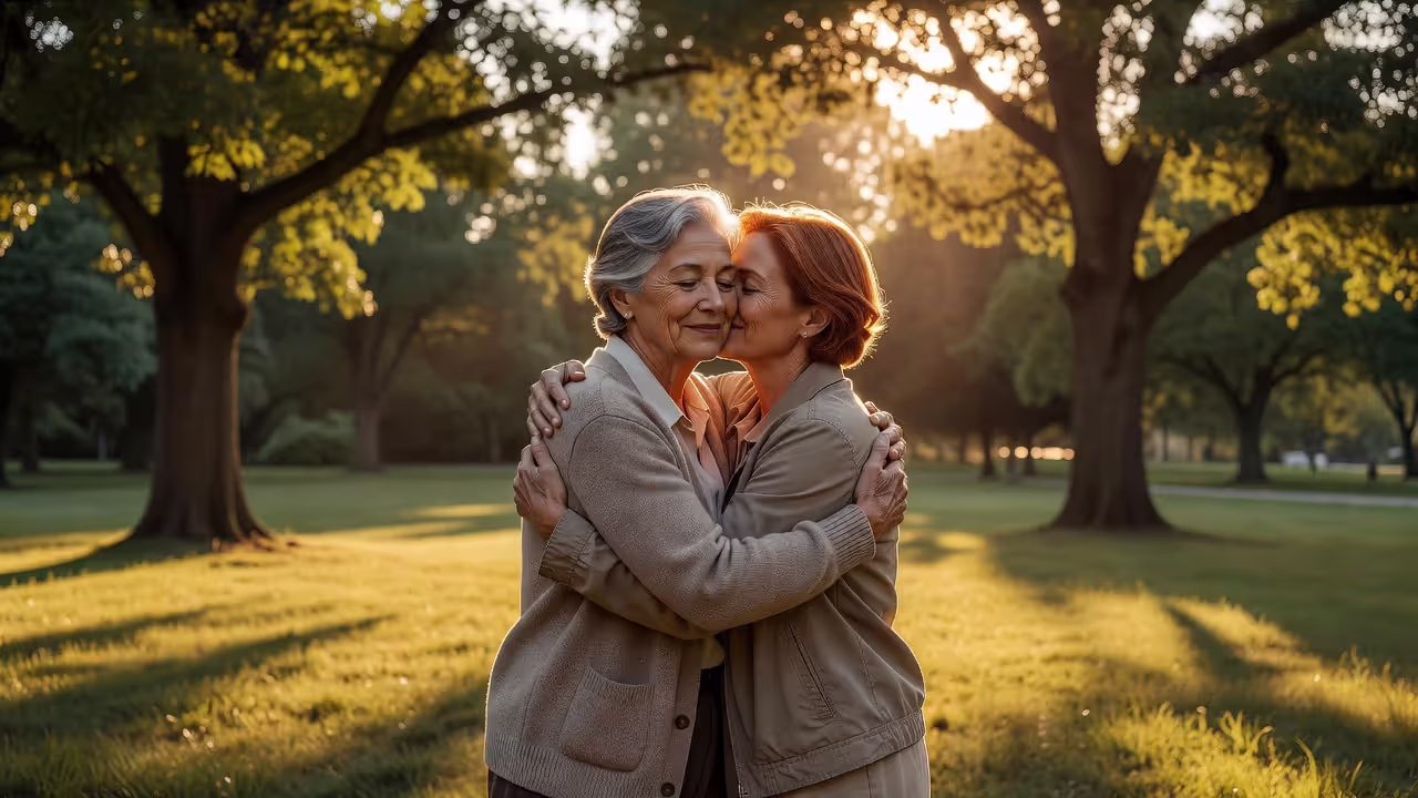 Older parent and adult child sharing a warm embrace outdoors