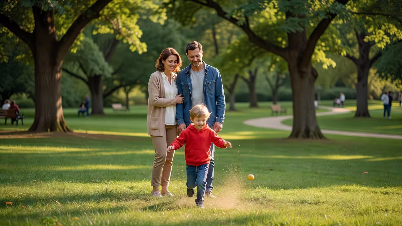 Two parents watching their child play together in a park