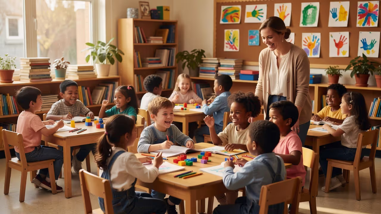 Students working cooperatively in a diverse elementary school classroom