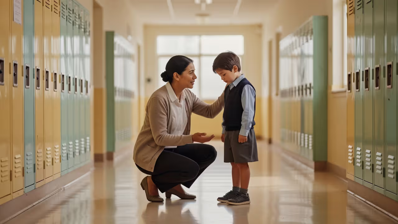 Adult comforting a child who appears upset in a school setting