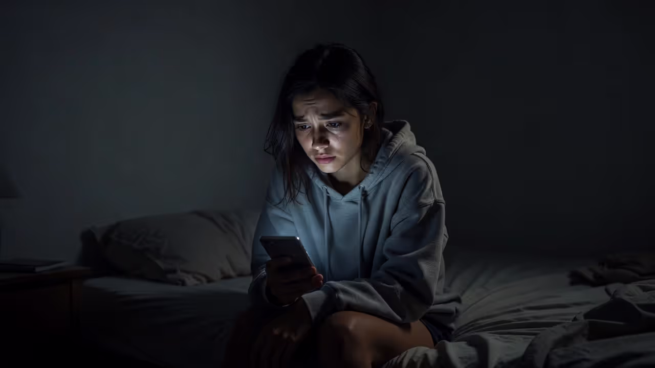 Teenage girl experiencing cyberbullying alone in her bedroom