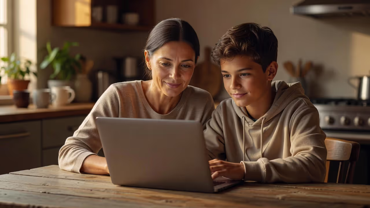 Parent and teen having an open conversation about online safety to prevent cyberbullying