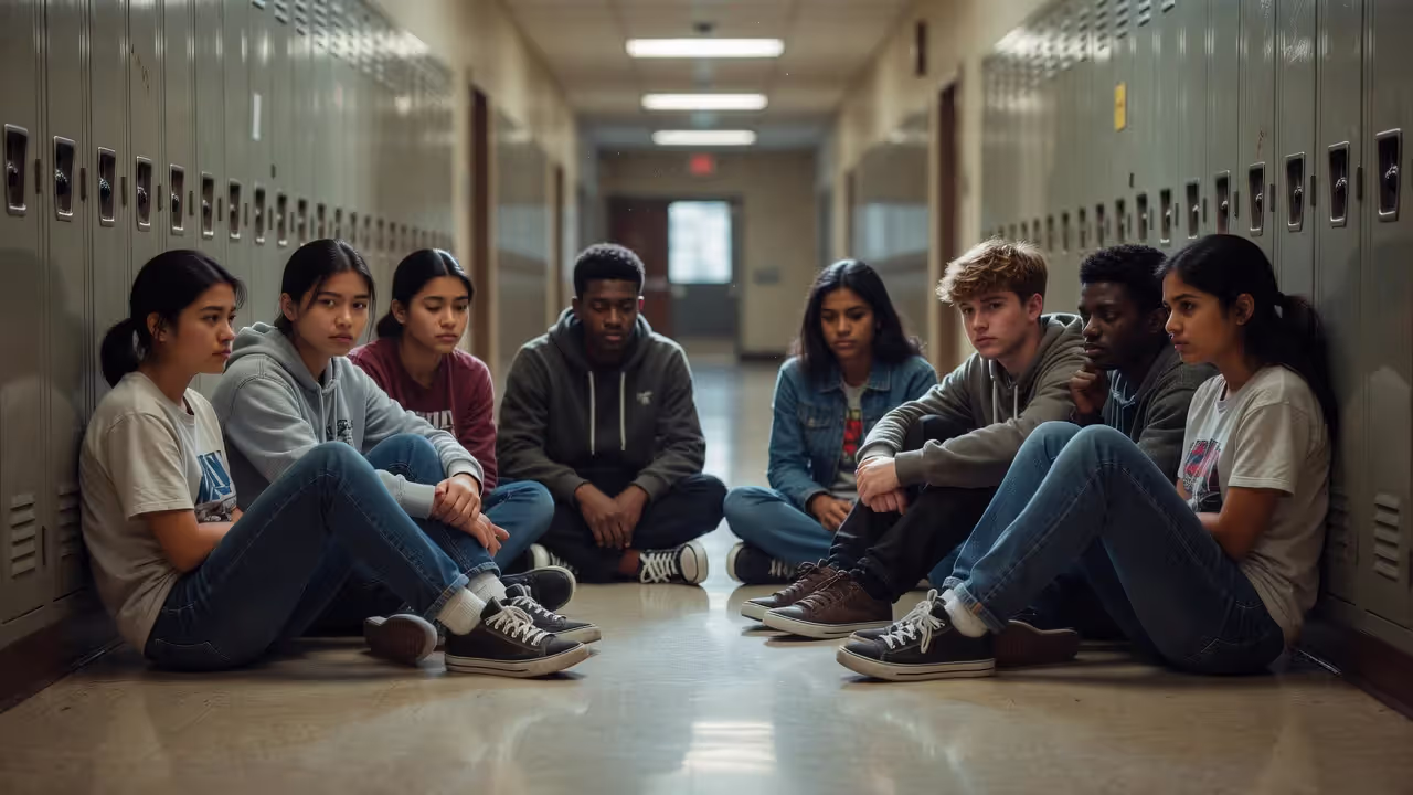 Teenagers experiencing social dynamics and peer pressure in a school setting