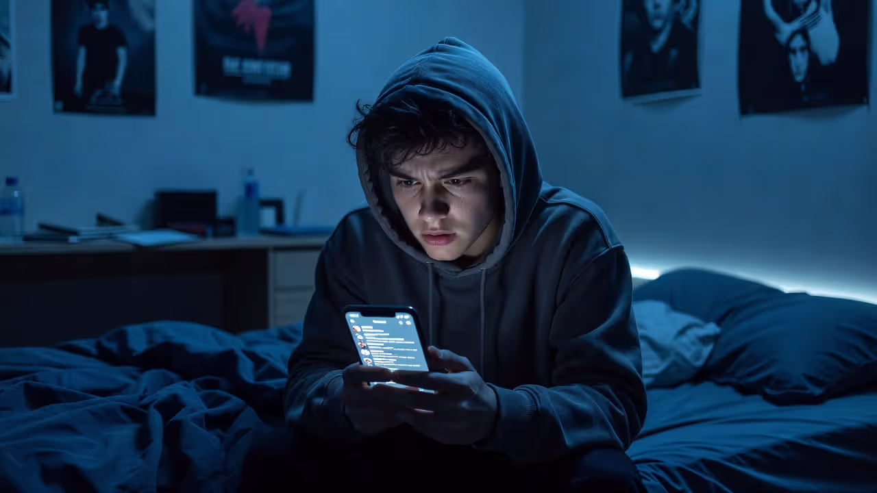 Teen experiencing social media peer pressure late at night