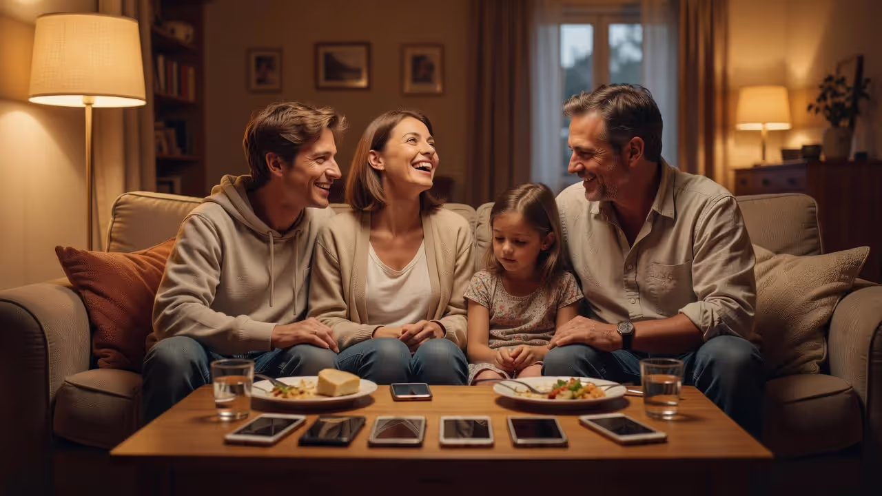 Family practicing phone-free time together at home