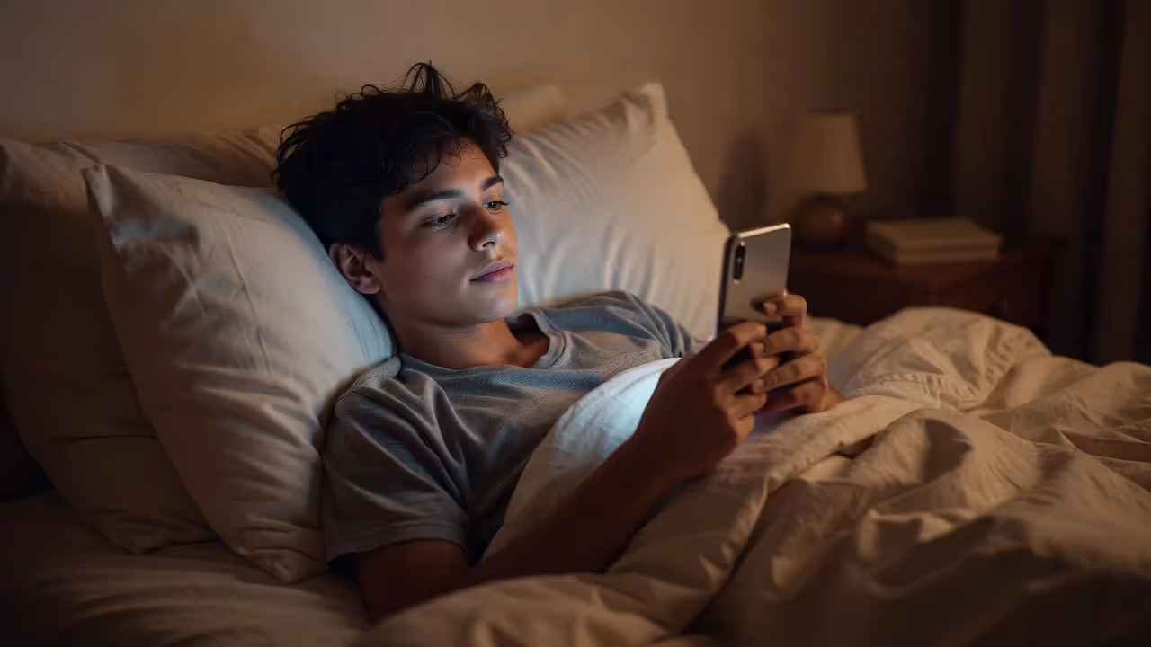 Teen using phone in bed at night with soft lighting