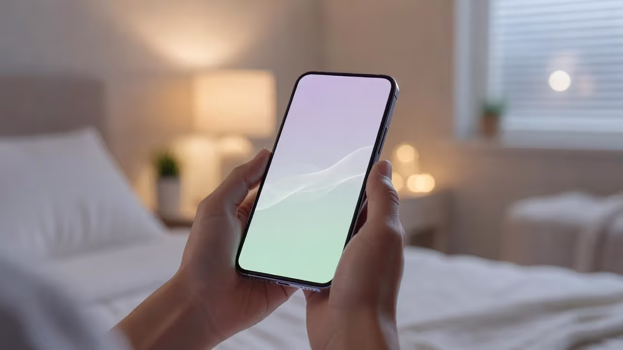 Teen using a relaxation app on their phone at bedtime