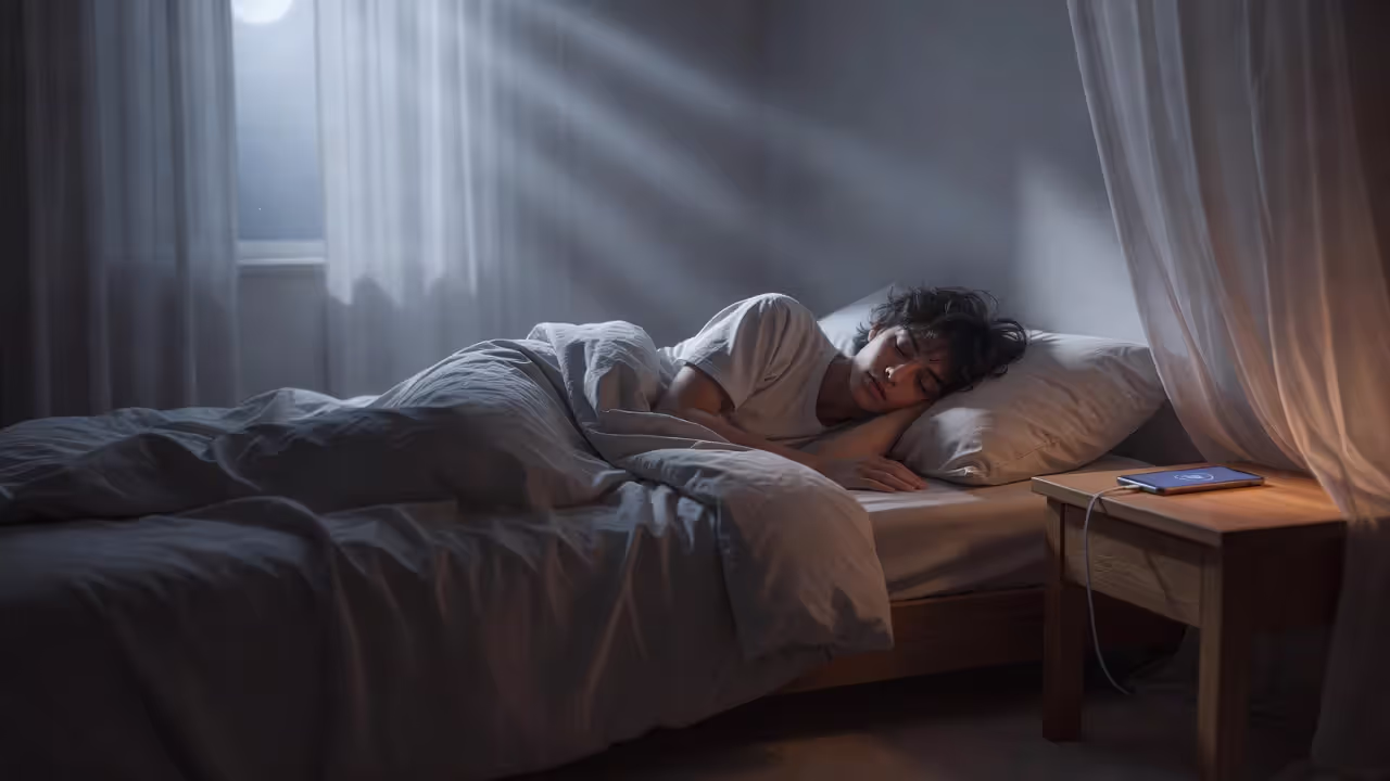 Teen sleeping with phone charging on nightstand in a calm bedroom
