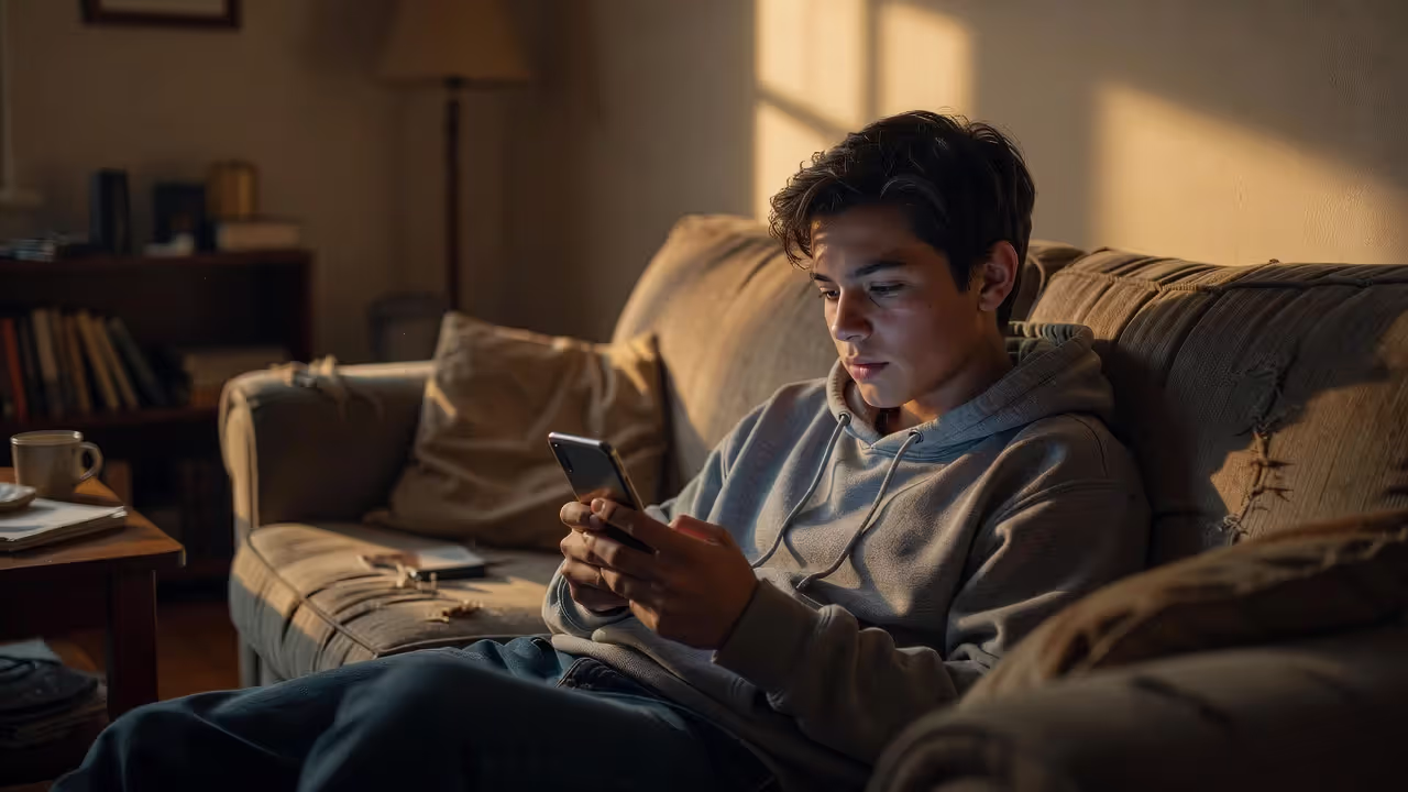 Teenager scrolling through social media on a smartphone in the evening