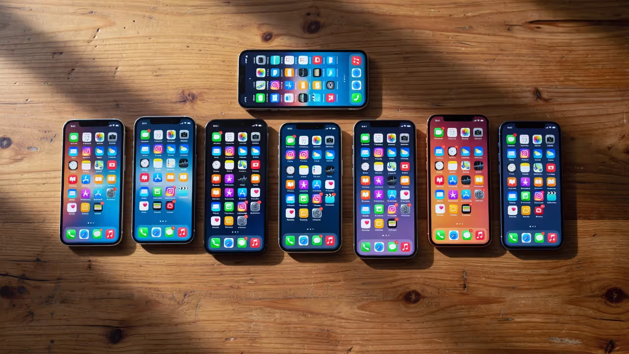 Multiple smartphones showing social media apps on a wooden desk