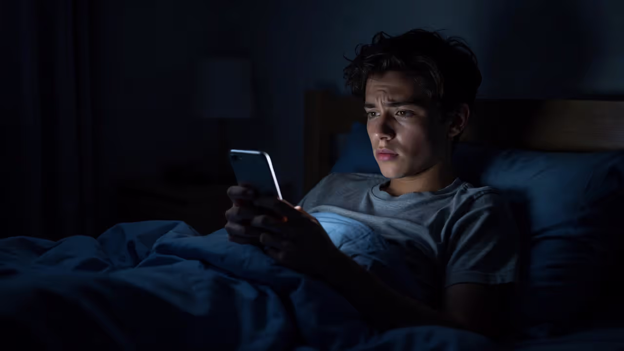 Teen using smartphone in bed at night, illustrating sleep disruption from screen time