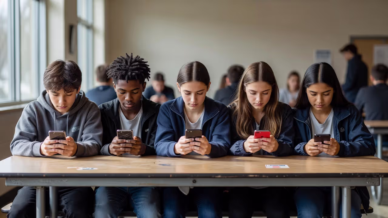 Group of teenagers at a table each looking at their own phones