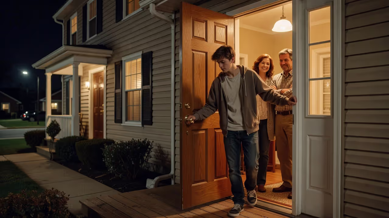Teen arriving home before curfew at night