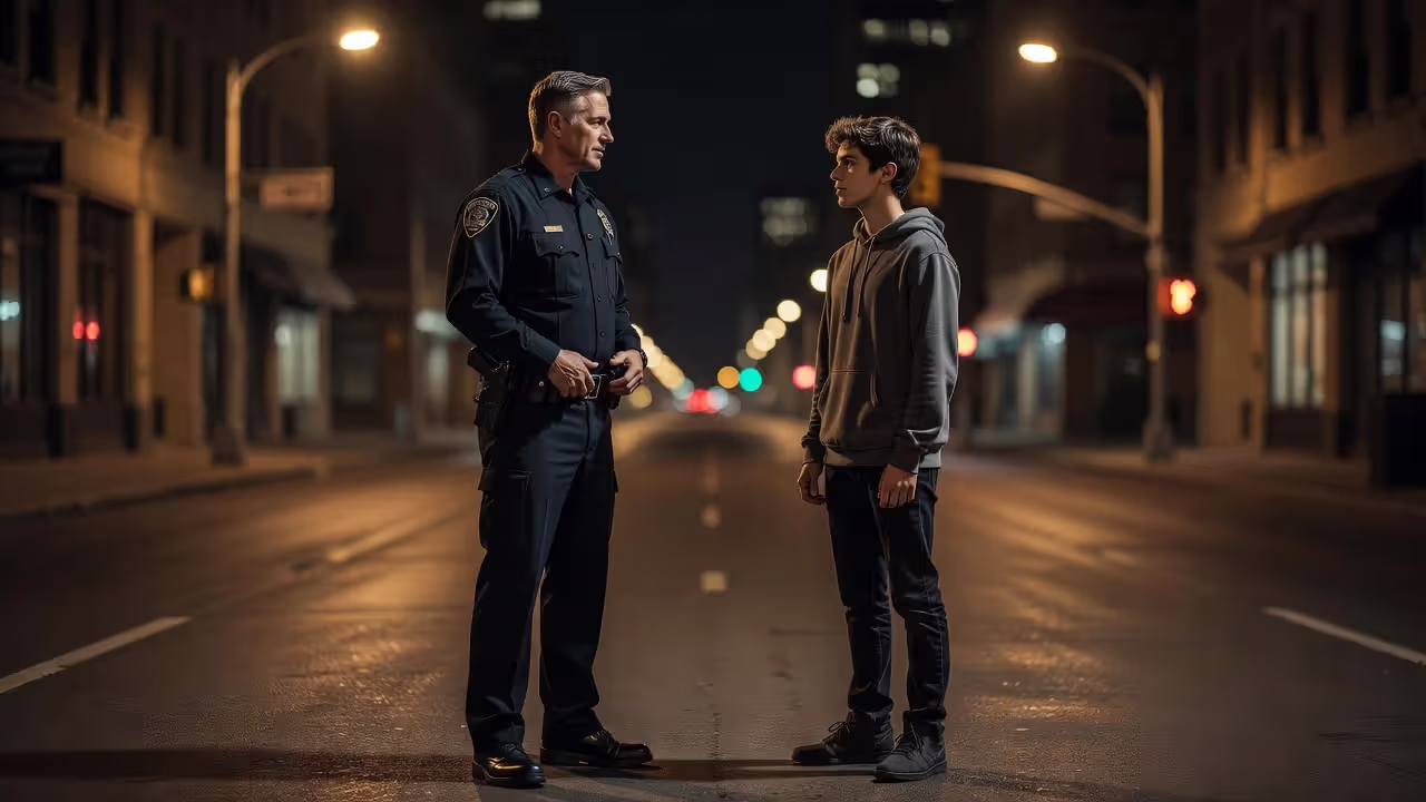 Police officer talking to a teenager about curfew violation