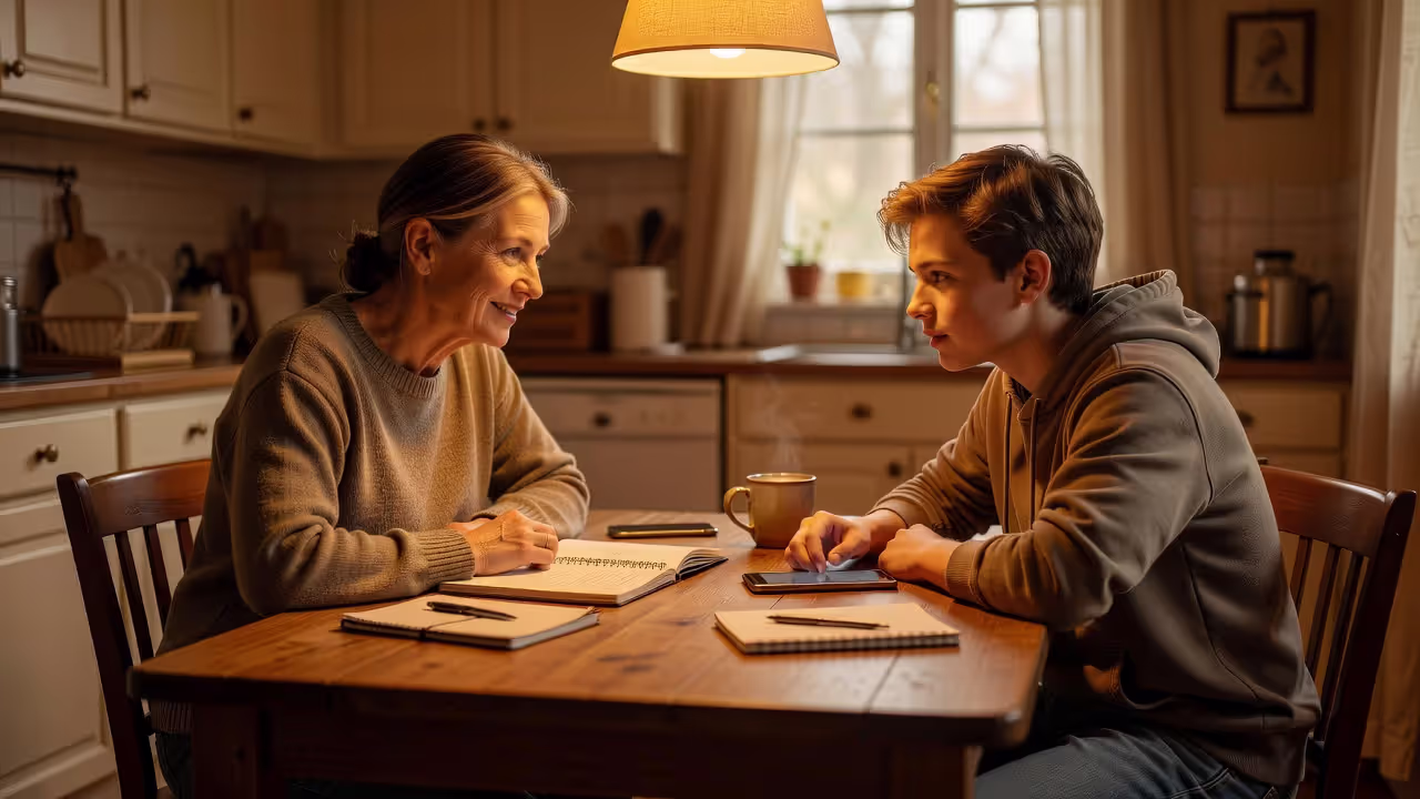 Parent and teen discussing curfew rules at home