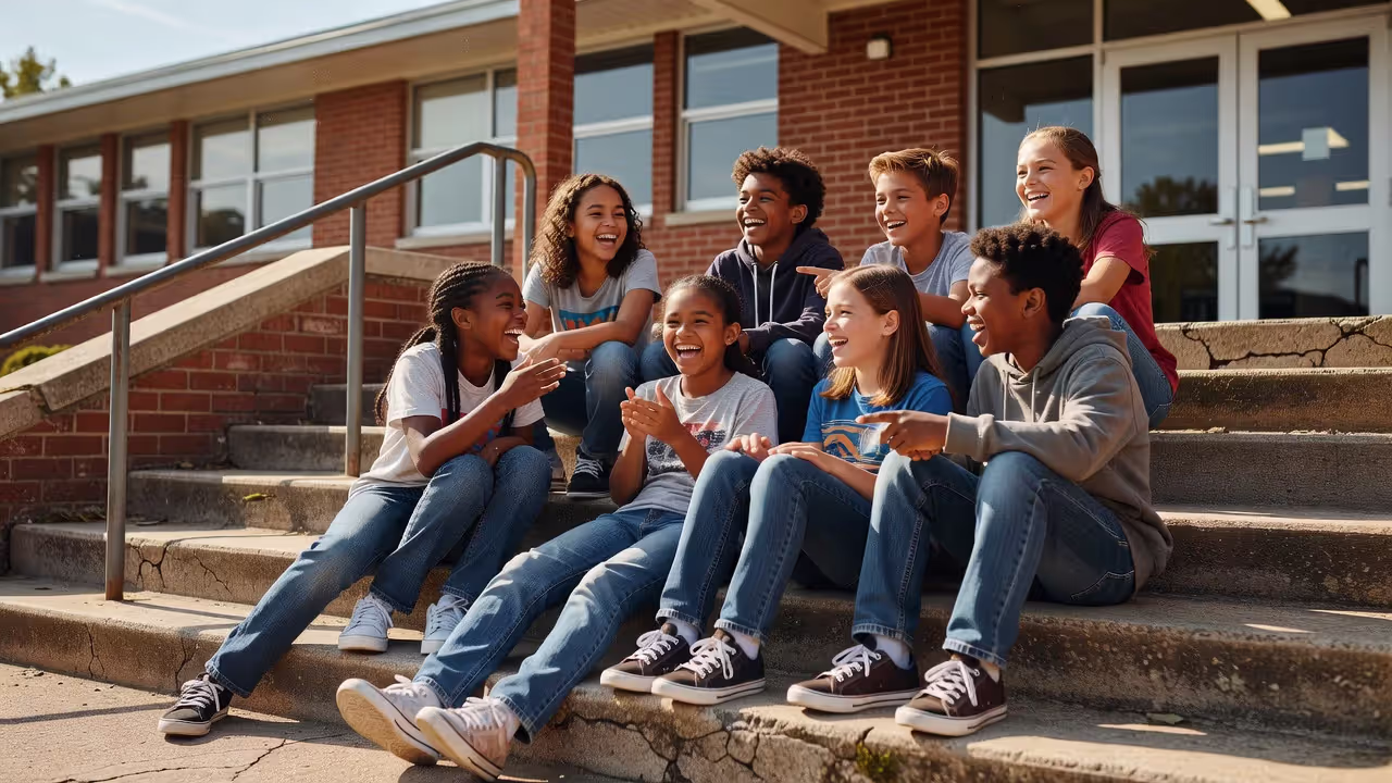 Early adolescents socializing at school