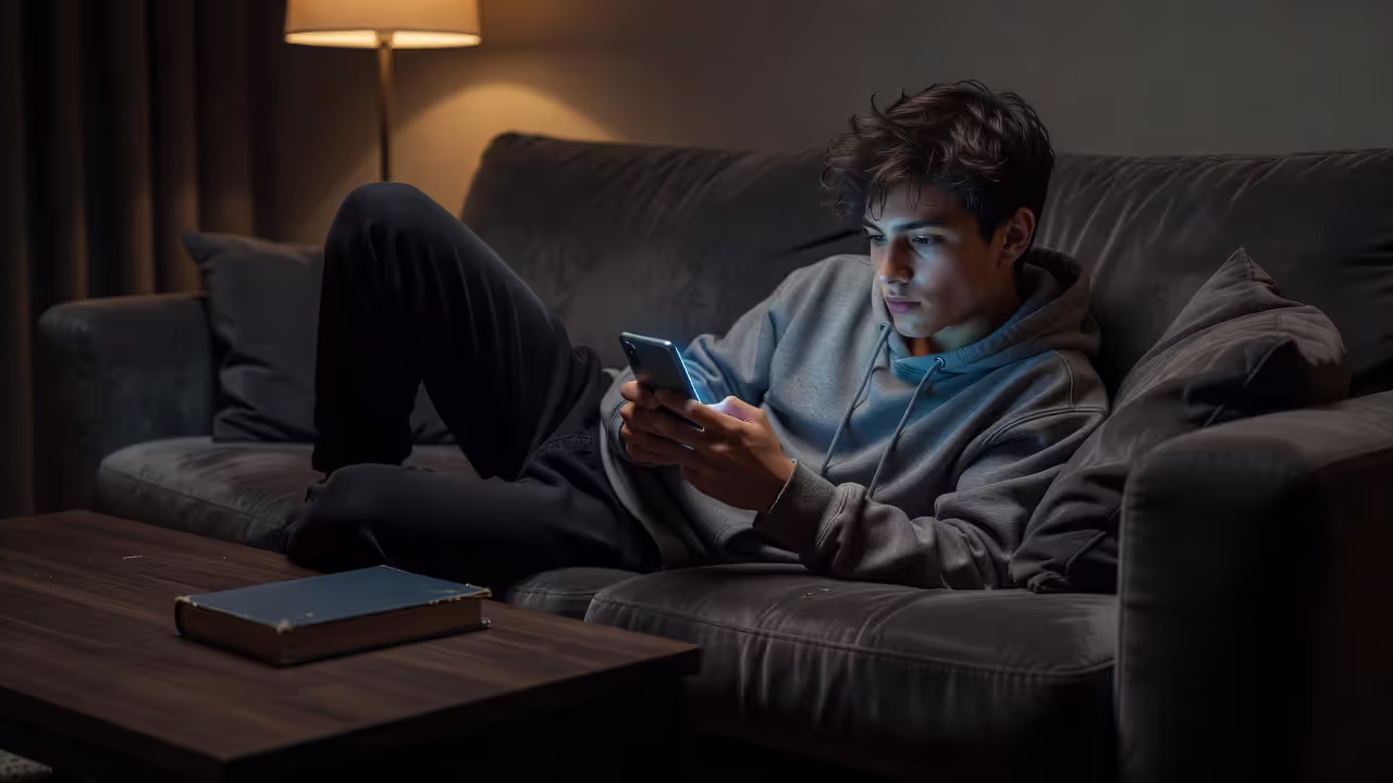 Teen scrolling phone instead of reading a book