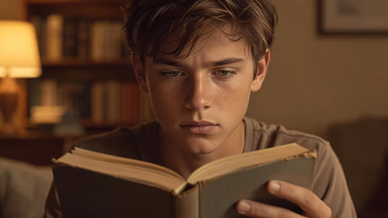 Teenager deeply engaged in reading a book