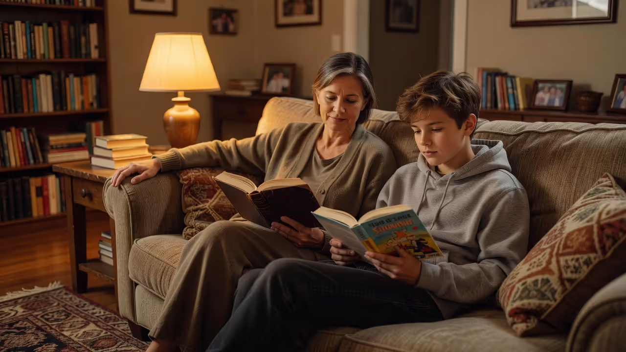 Parent and teen reading books together at home