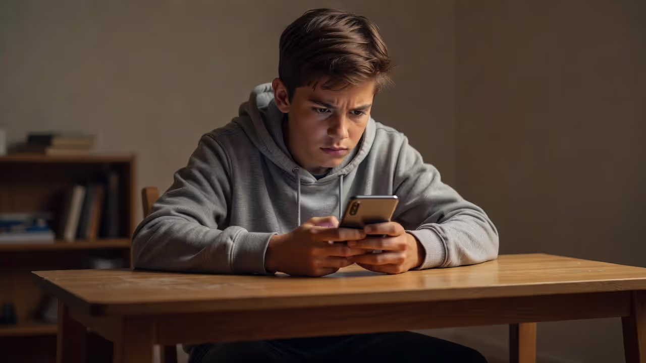 Teen looking at phone with worried expression representing online dangers