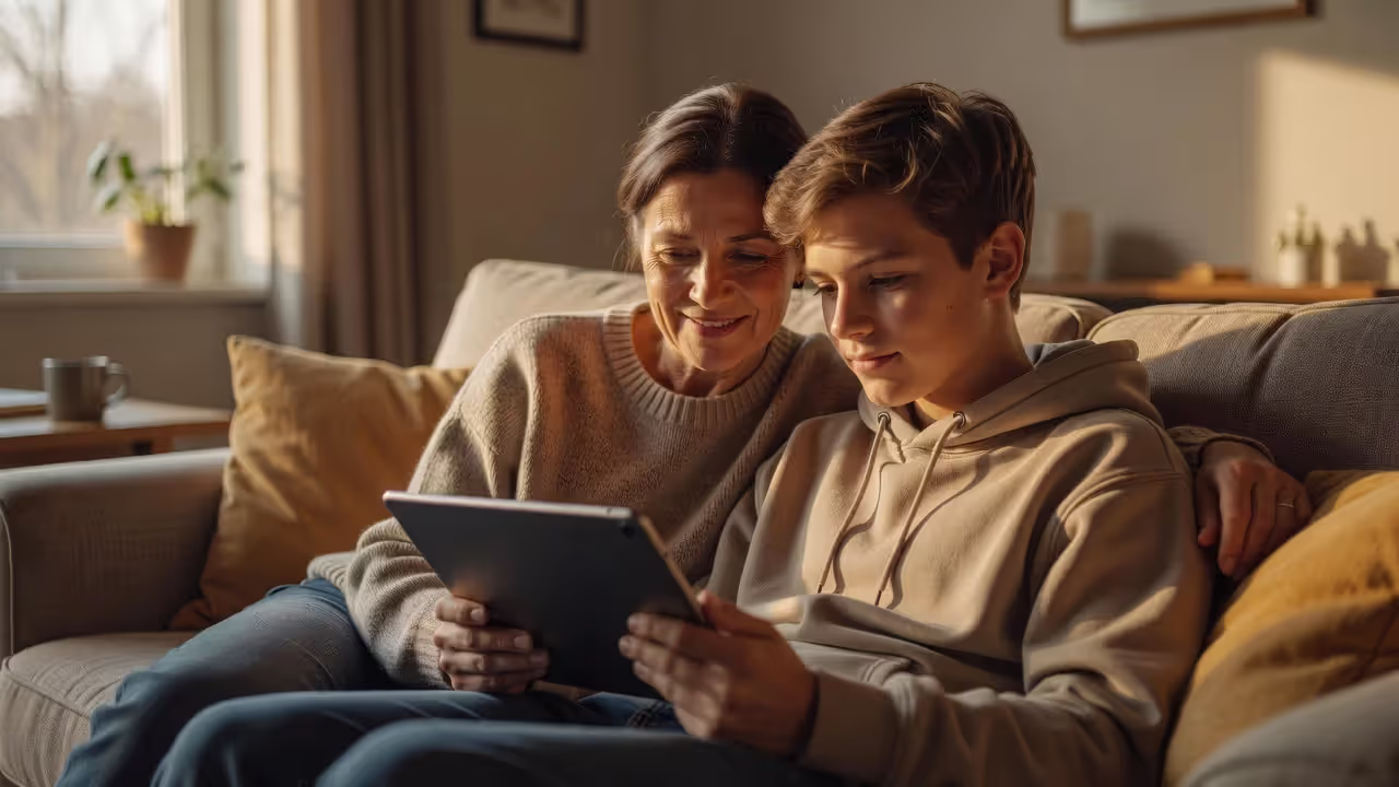 Parent and teen discussing internet safety together at home