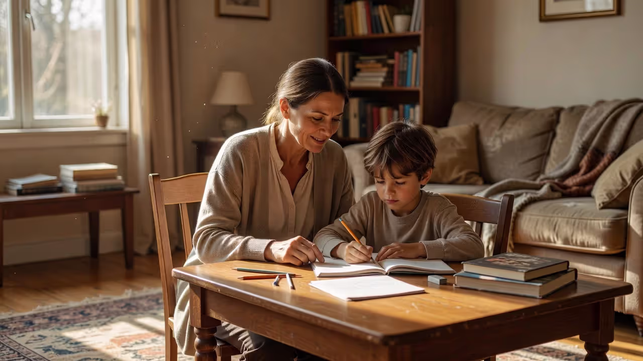 Foster parent helping a child with homework in a warm home setting