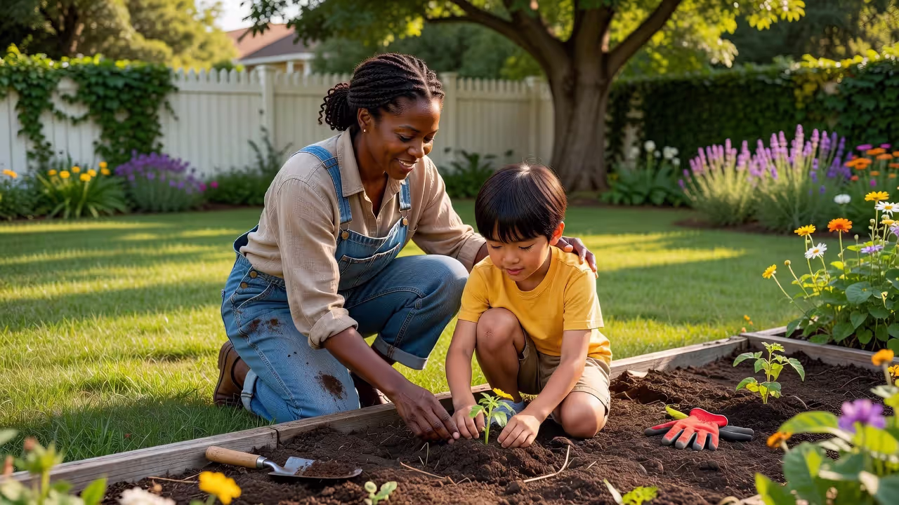 Foster parent and child bonding outdoors in a garden