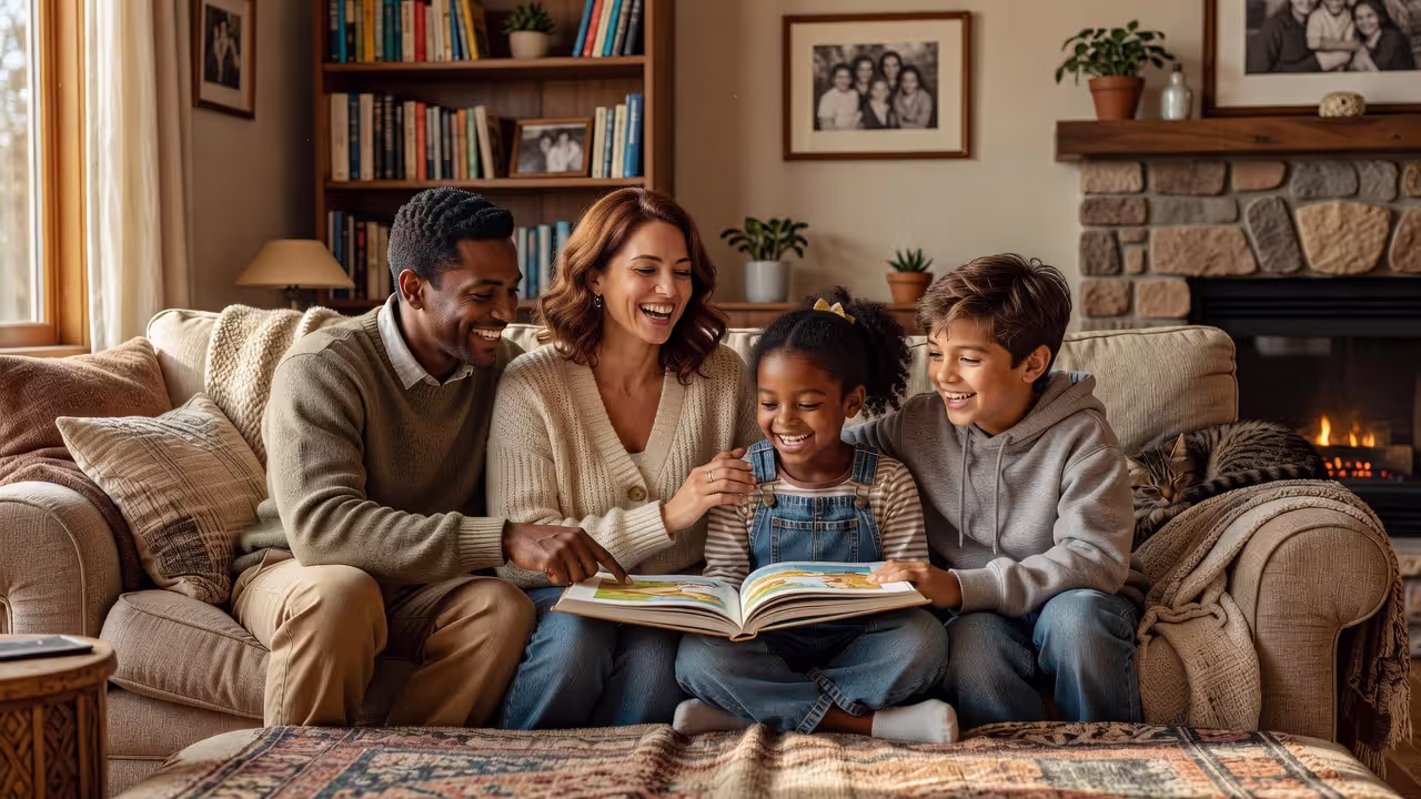 Foster family spending time together at home