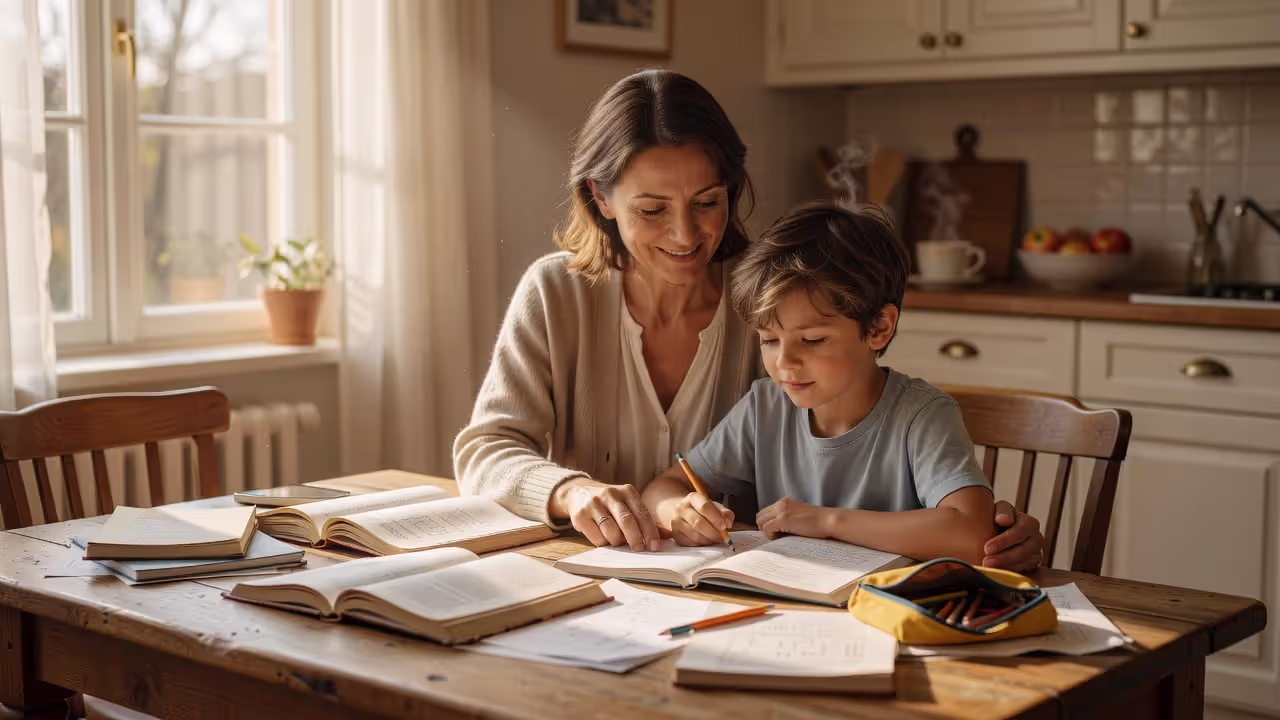 Resource parent helping child with schoolwork at home