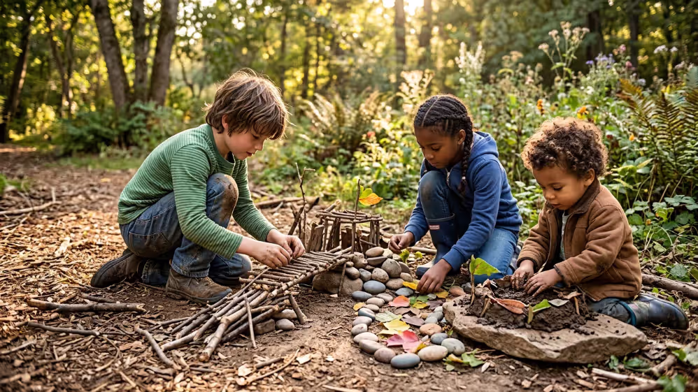 Children engaged in open ended outdoor play with natural materials