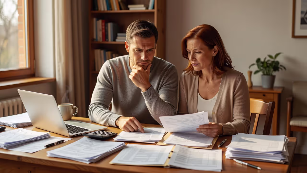 Couple reviewing international adoption costs and financial paperwork