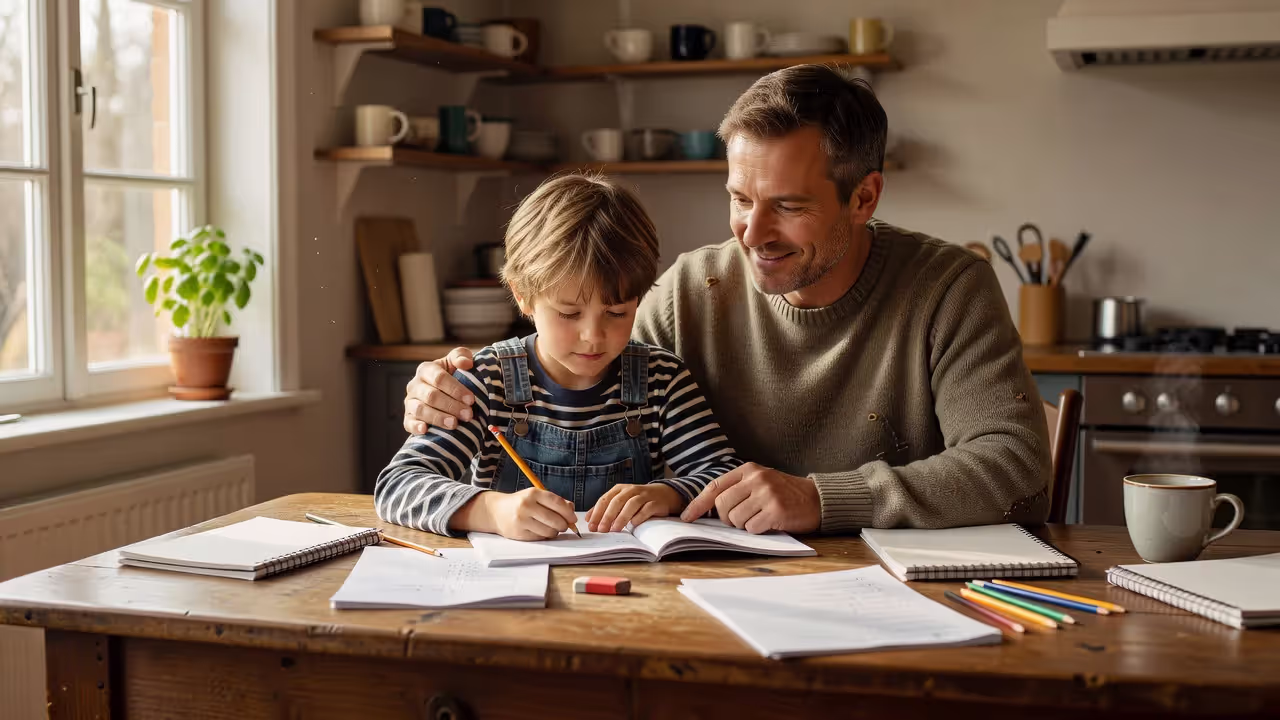 Adult man helping a child with homework as a surrogate father figure