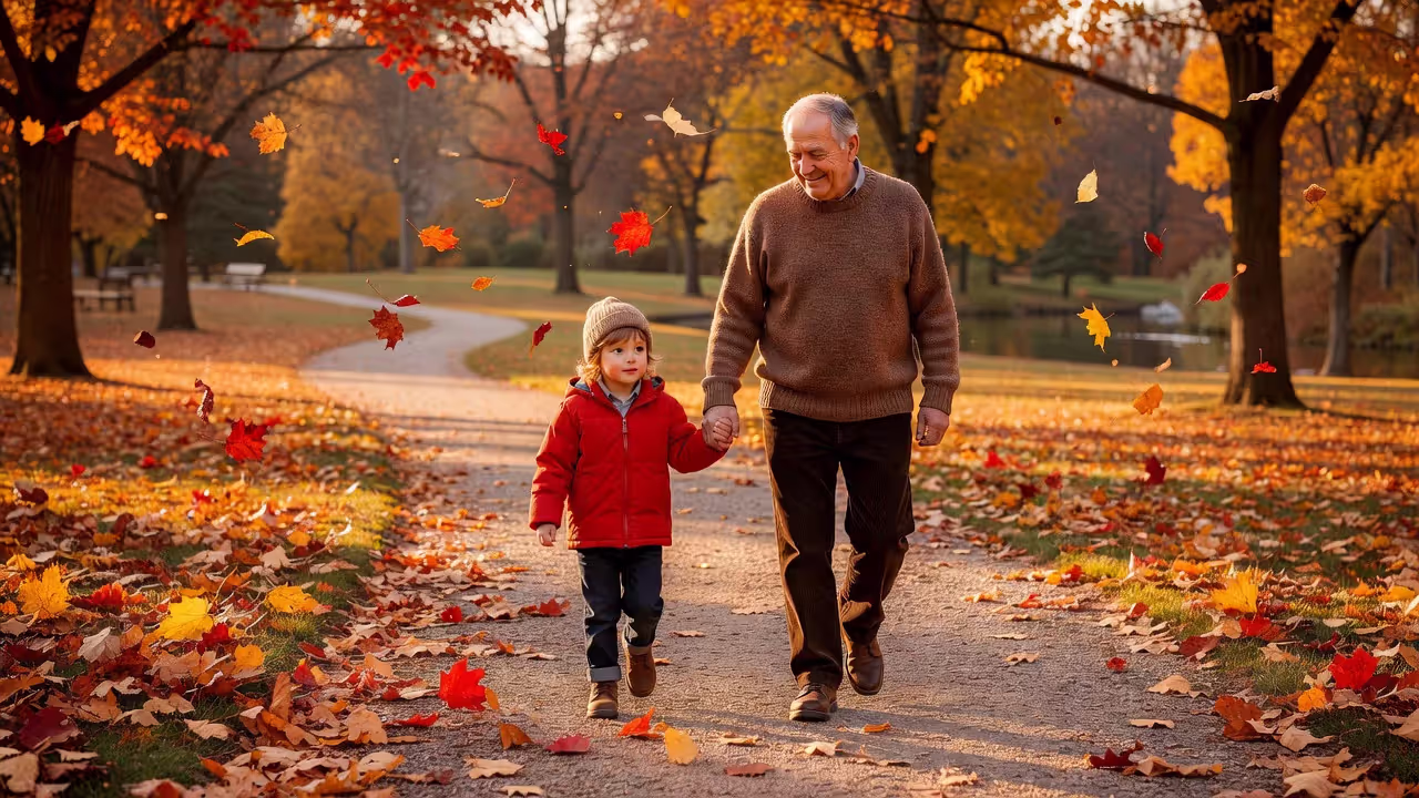 Grandfather acting as a surrogate father figure walking with grandchild