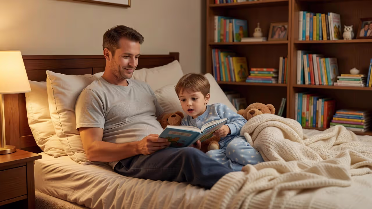 Surrogate father reading bedtime story to a child