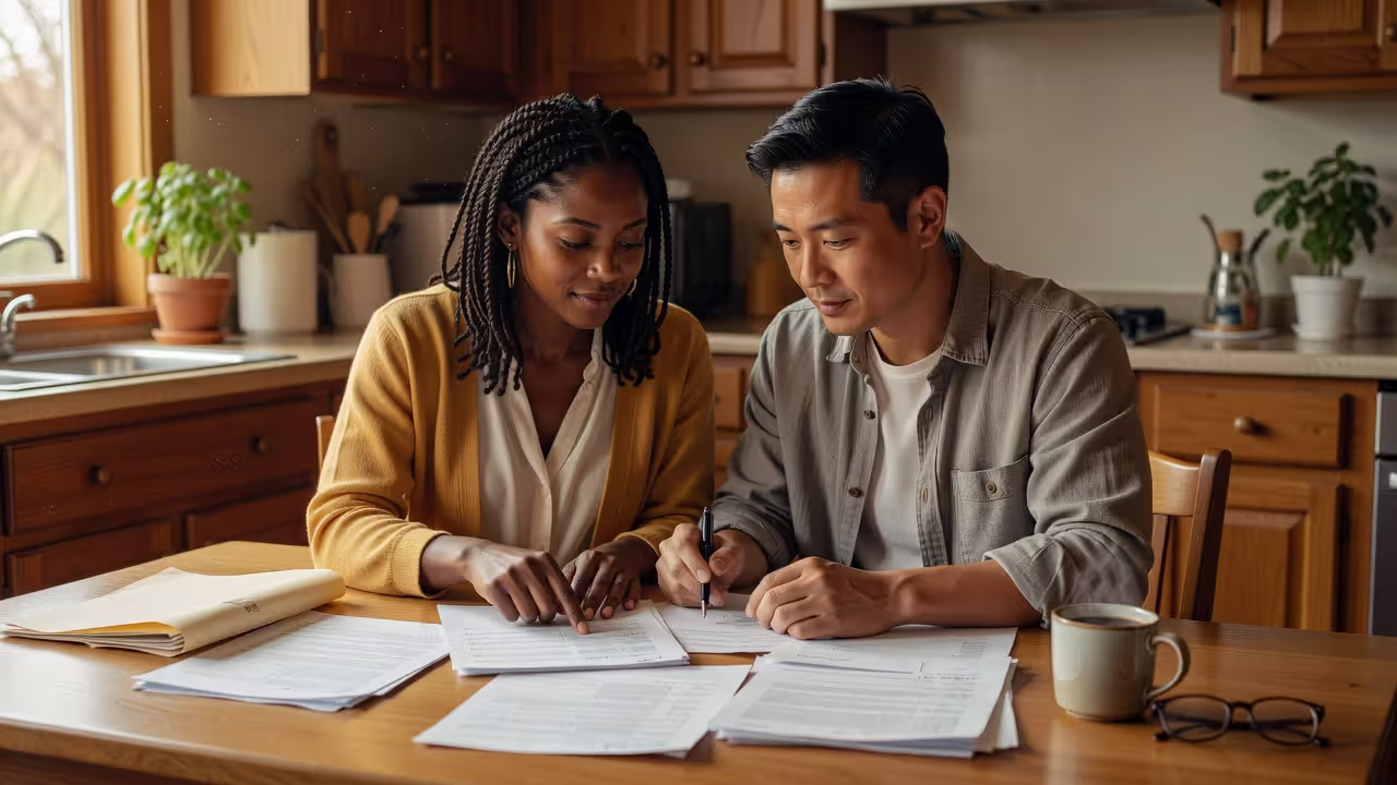 Prospective adoptive parents reviewing adoption paperwork at home