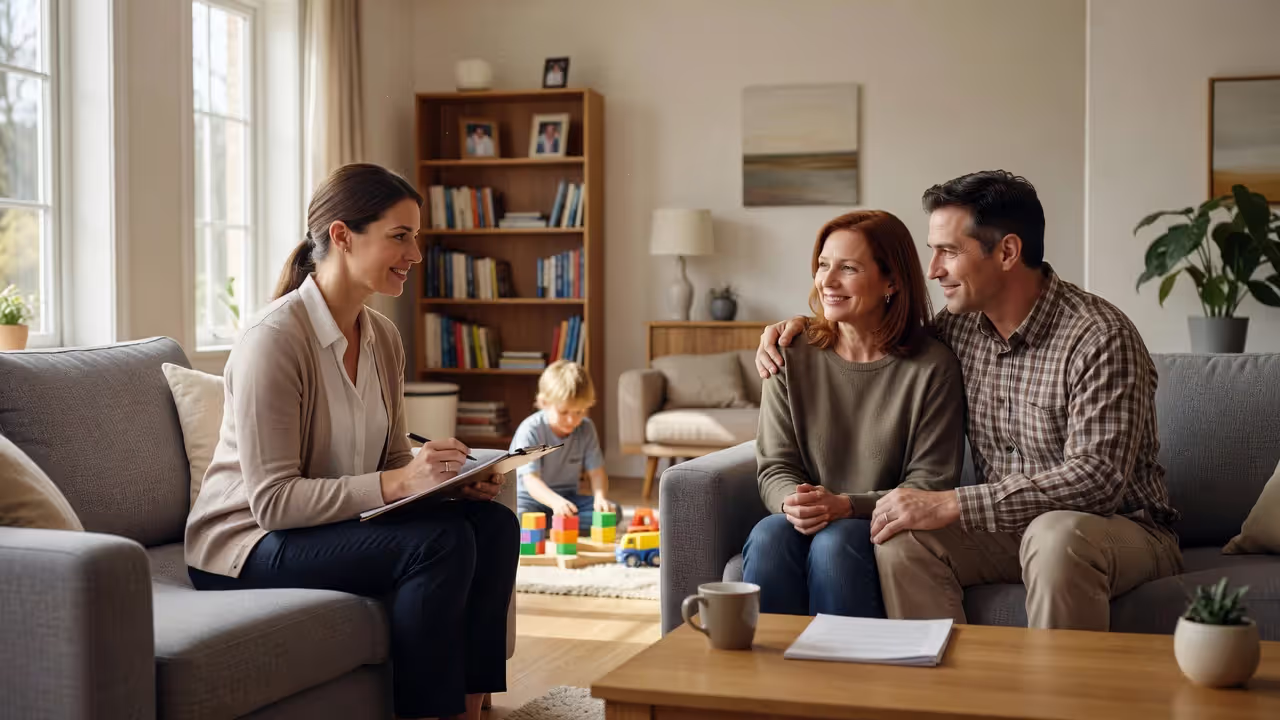 Adoption social worker conducting a supervisory home visit after placement