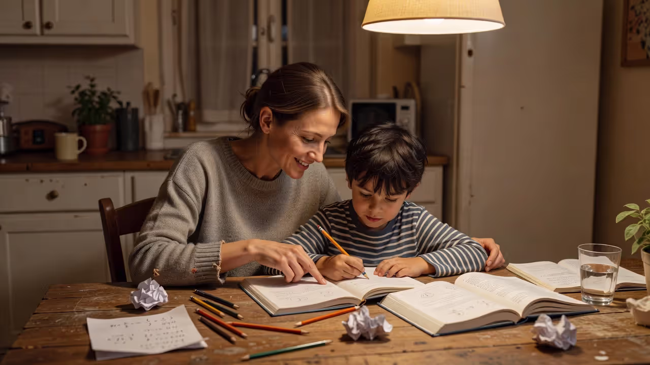 Single mother helping child with homework at kitchen table