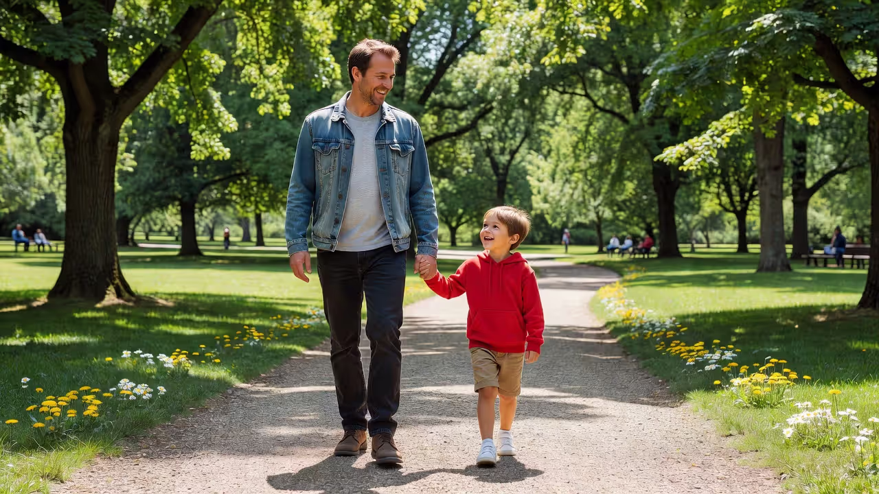 Single father walking with young child in a park