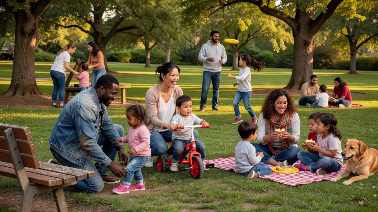 Diverse single parents with children at a community gathering