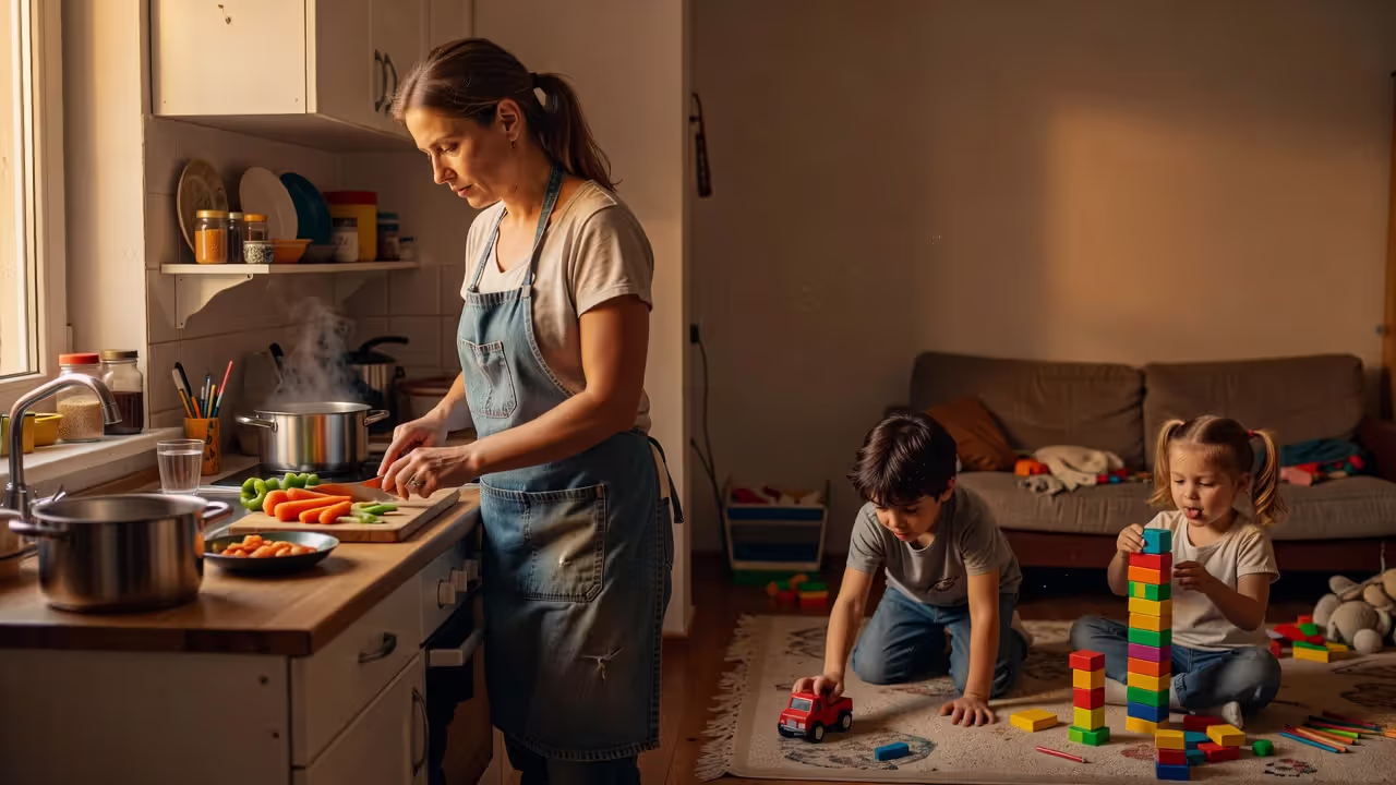 Single mother cooking dinner while children play in kitchen