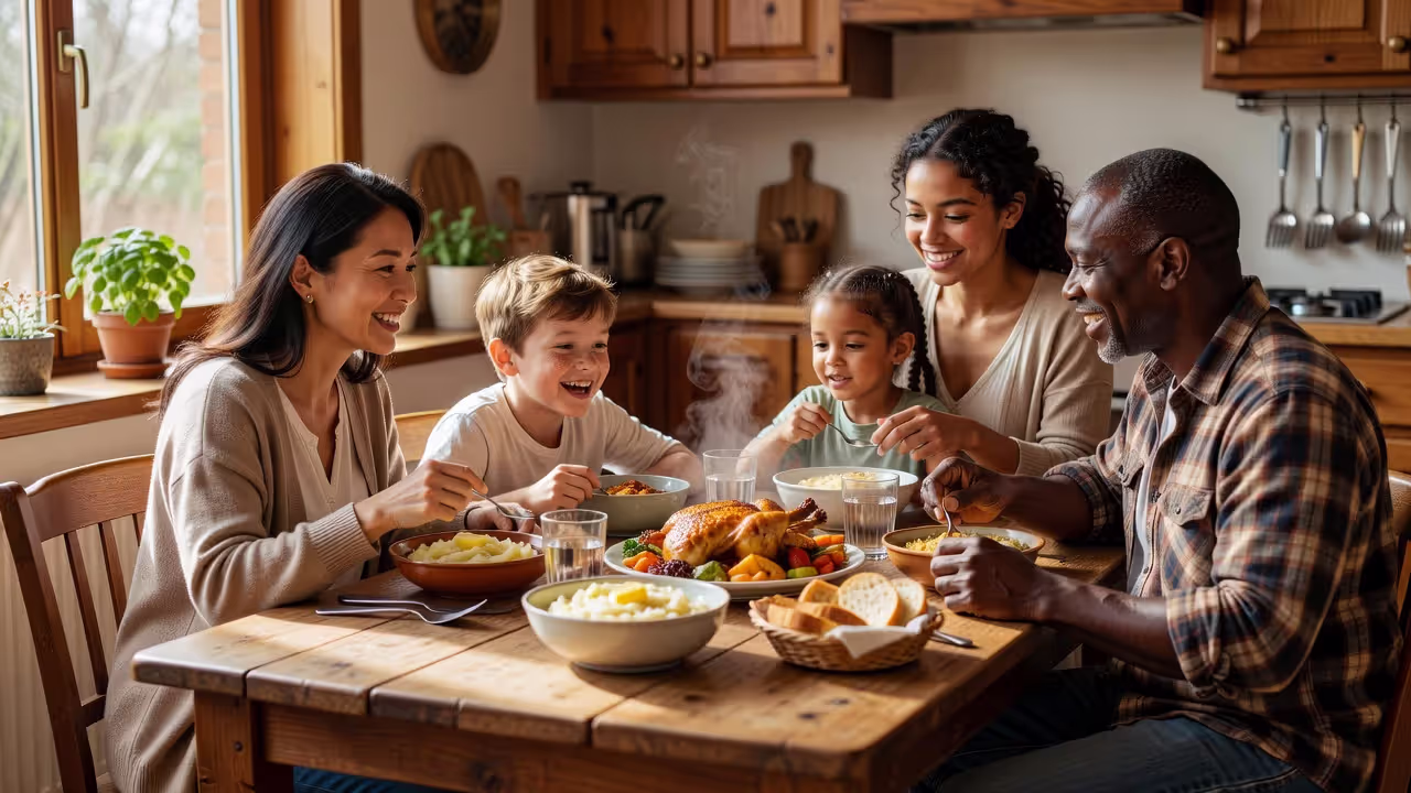 Blended family sharing a meal together at home