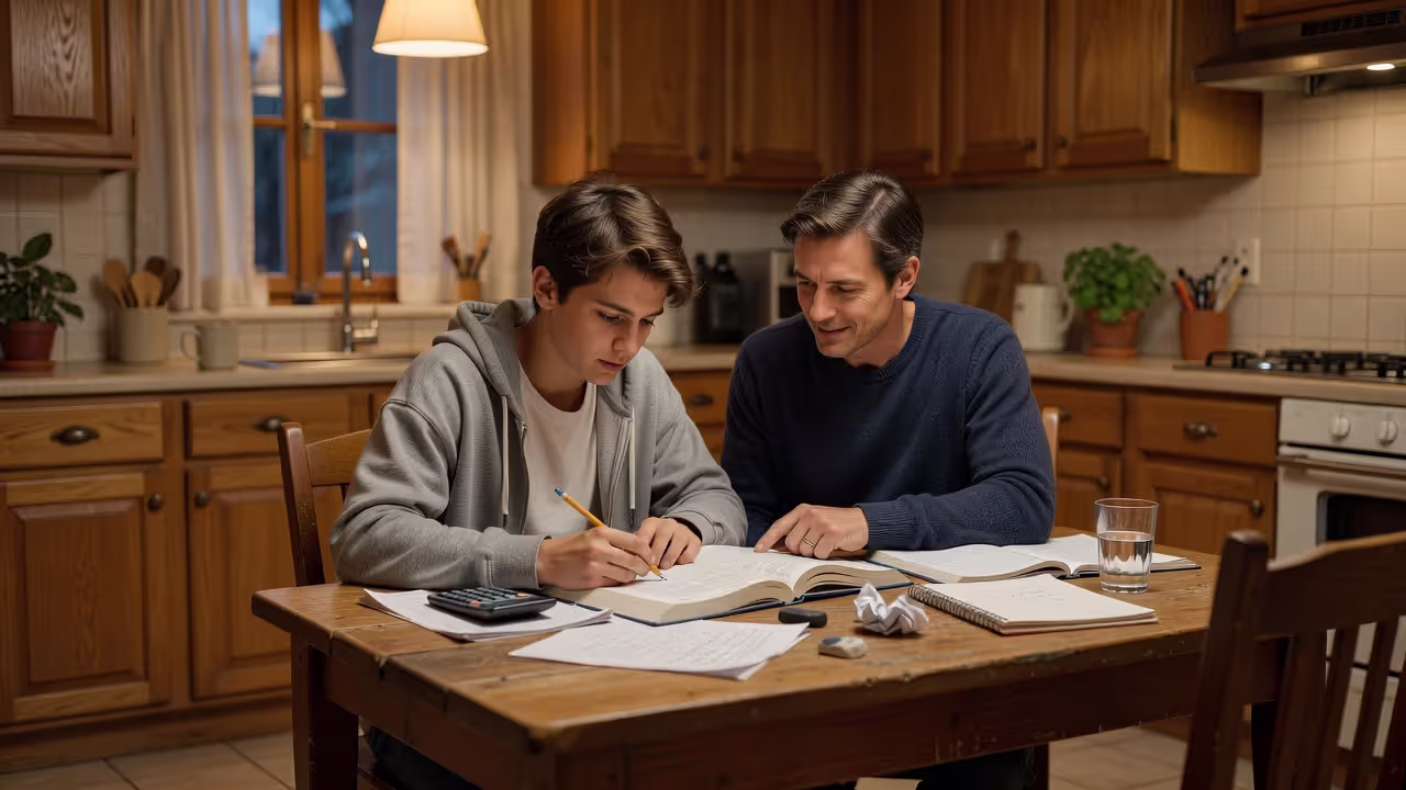 Stepparent helping teenager with homework in a blended family home