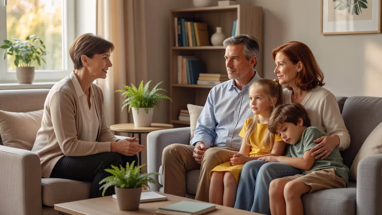 Family therapy session for a blended family working through challenges