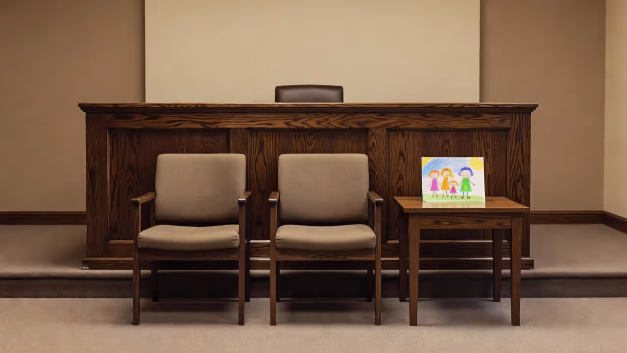 Empty family court courtroom representing child custody proceedings