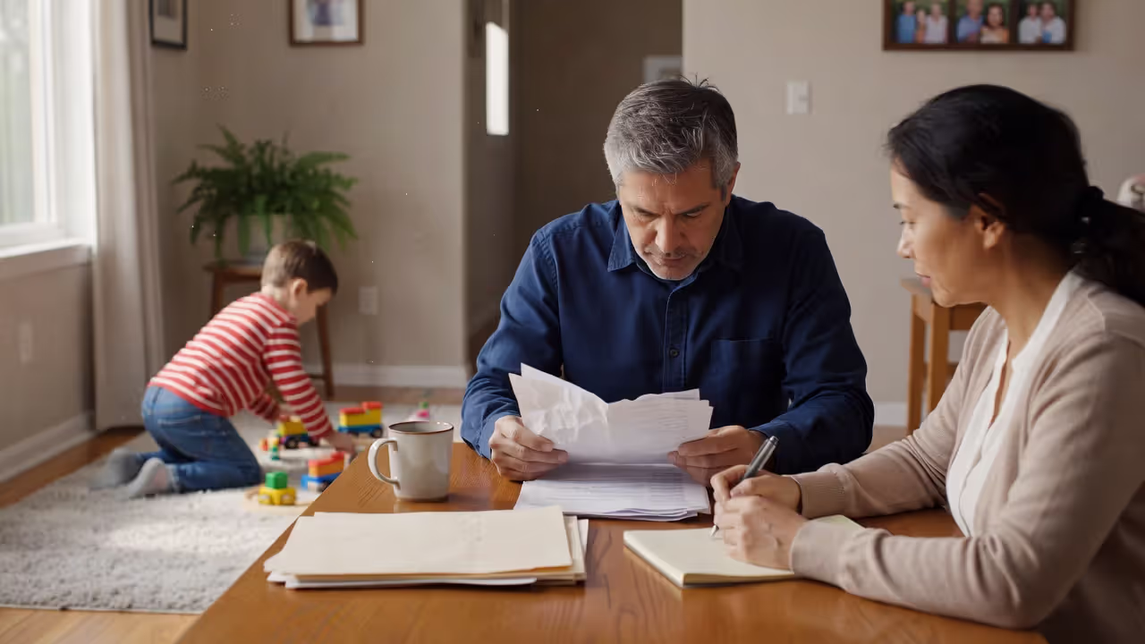Parents reviewing joint custody agreement at home