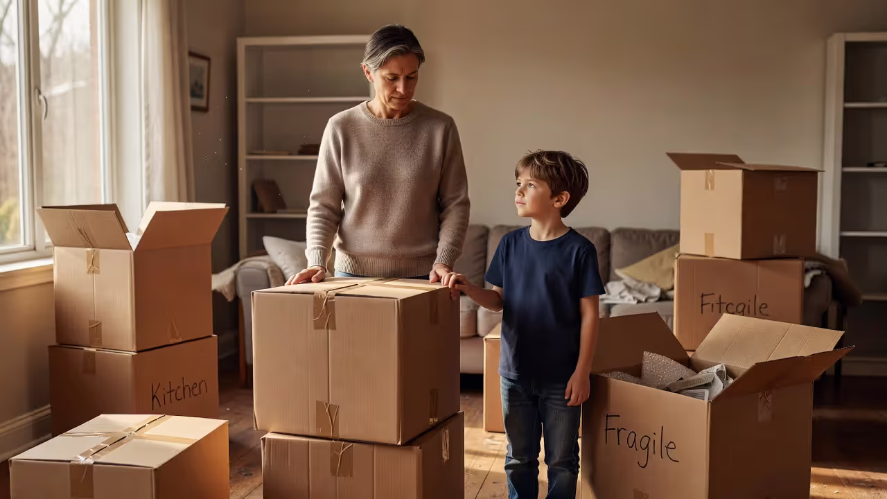 Parent and child near moving boxes during a relocation after divorce