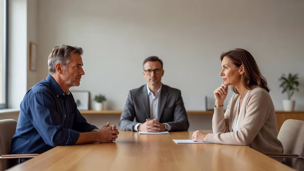 Parents negotiating a revised custody agreement with a mediator